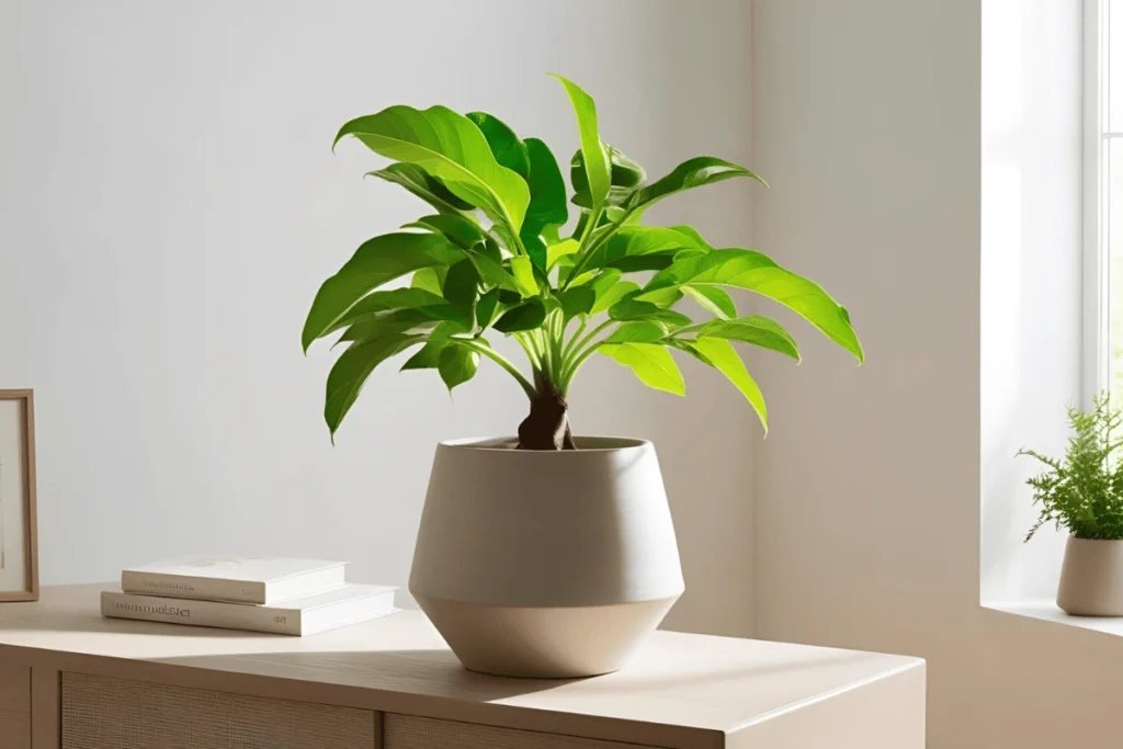 Zamioculca com folhas verdes brilhantes em vaso cerâmico moderno, posicionada sobre um aparador de madeira clara ou mesa lateral, em ambiente interno iluminado por luz natural suave. O fundo é clean, com parede clara e elementos de decoração minimalista (como livros ou uma vela). Destaque total para o brilho e estrutura das folhas, transmitindo sensação de frescor e praticidade.