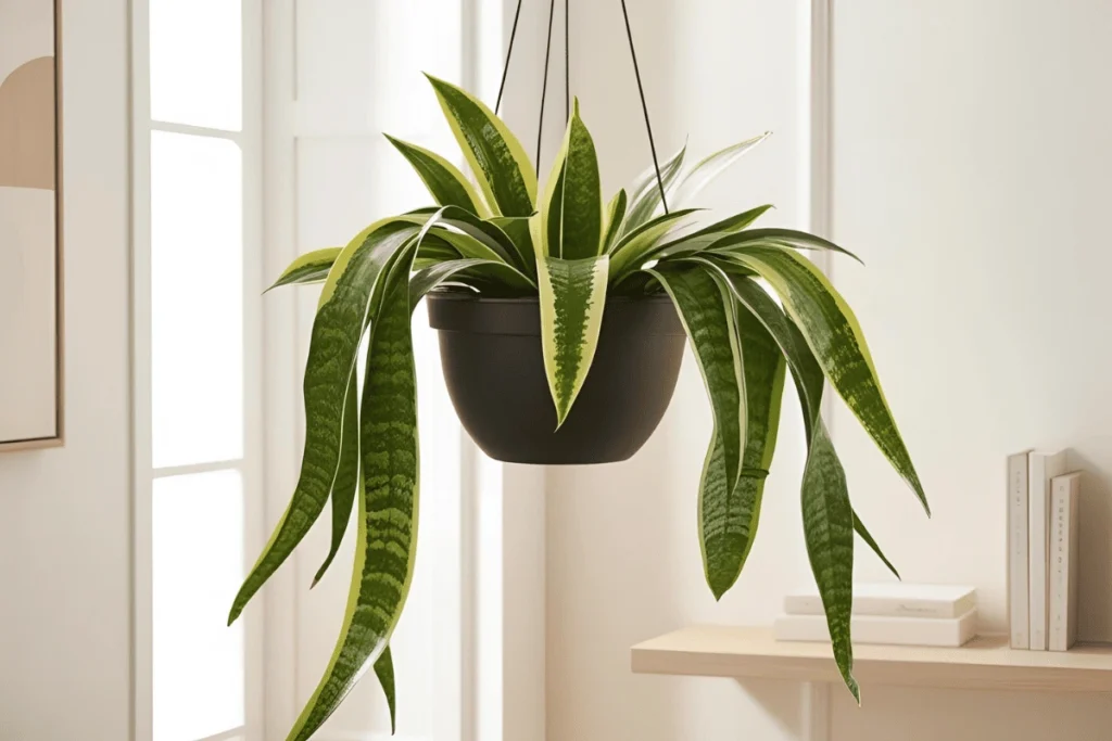 Jiboia pendente com folhas verdes vibrantes e variegadas, caindo em cascata de um vaso suspenso ou apoiado em prateleira de madeira clara. O ambiente é interno, com parede branca ou bege, luz natural suave, e elementos de decoração contemporânea (como livros ou quadros). As folhas ocupam bem o enquadramento, transmitindo leveza e frescor ao espaço.