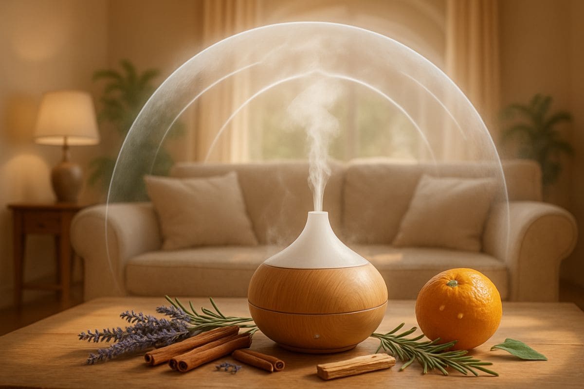 Difusor liberando aroma protetor com escudo energético em sala harmoniosa, rodeado por ervas aromáticas e óleos essenciais que purificam o ambiente segundo princípios do Feng Shui.