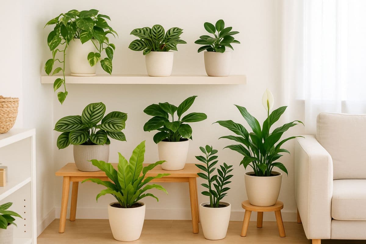 Sete plantas de sombra em vasos decorando canto claro com sofá, prateleira e banco de madeira.