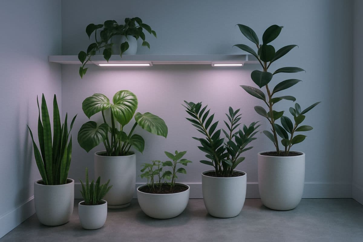 Plantas verdes sob luzes LED de cultivo em um ambiente moderno e minimalista, mostrando o uso eficiente da luz artificial no cultivo de plantas.