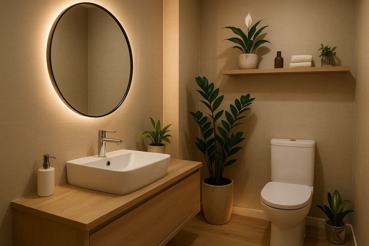 Lavabo sem janela decorado com espelho iluminado, plantas verdes e prateleira com objetos, transmitindo aconchego e estilo.