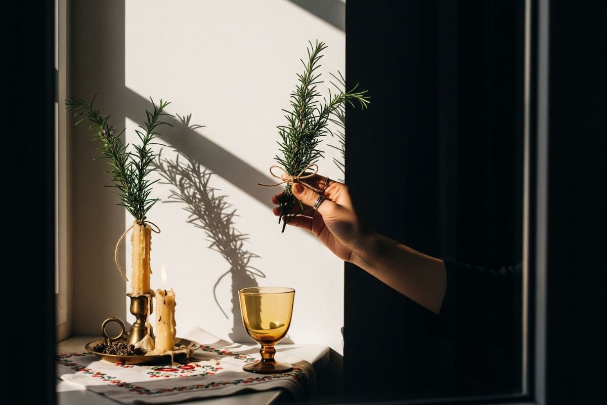 Mão feminina segura um ramo de alecrim amarrado com barbante diante de uma janela iluminada, ao lado de velas derretidas, um copo âmbar e um pano bordado. A cena evoca um ritual de proteção, com luz intensa e atmosfera simbólica.