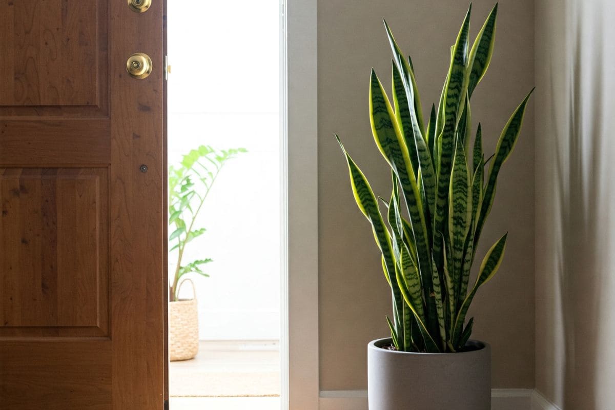 Espada-de-São-Jorge posicionada estrategicamente na entrada da casa, ao lado da porta de madeira entreaberta. A luz natural realça as folhas firmes da planta, que transmite proteção silenciosa, presença forte e um convite sutil à energia positiva logo na chegada.