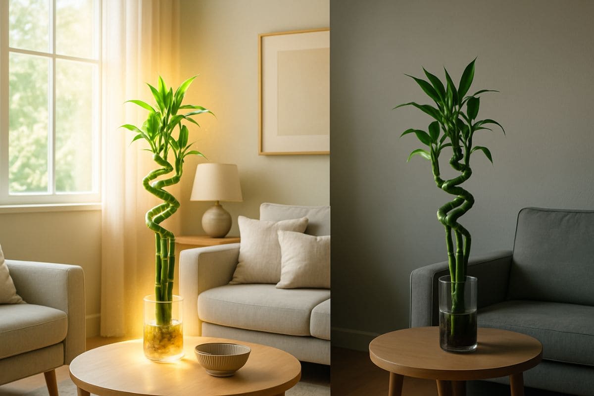 Comparação visual de bambu da sorte em dois ambientes de sala: à esquerda, posicionado próximo à janela com luz natural e aura dourada, atraindo energia positiva; à direita, em canto escuro e sem fluxo, bloqueando as boas energias segundo o Feng Shui.