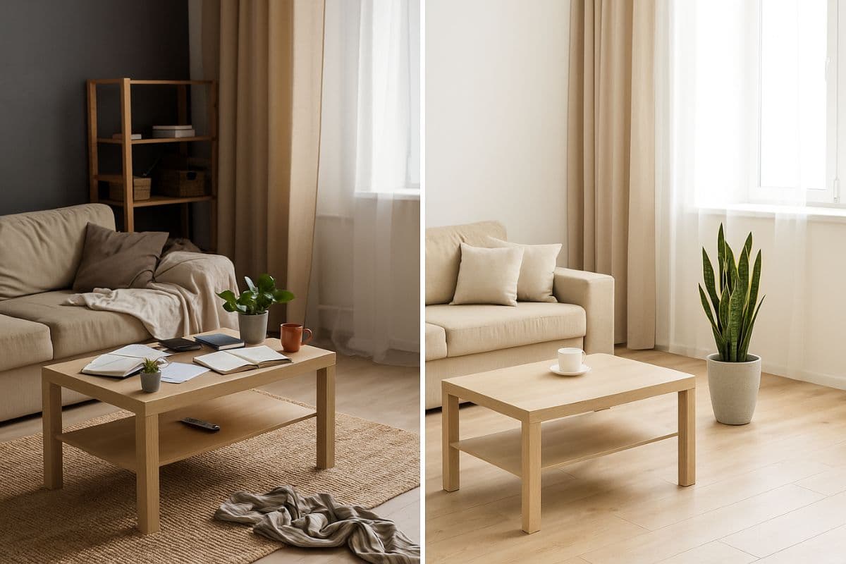 Sala dividida mostrando um lado bagunçado e escuro, e outro claro, organizado e com planta decorativa, simbolizando erros e acertos na energia da casa.