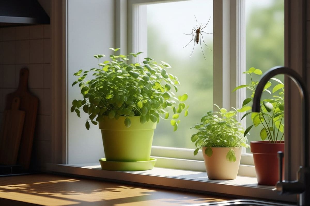 Cozinha clara com vaso de folhas verdes junto à janela, luz suave entrando, e um mosquito parado no vidro — contraste entre paz e proteção natural