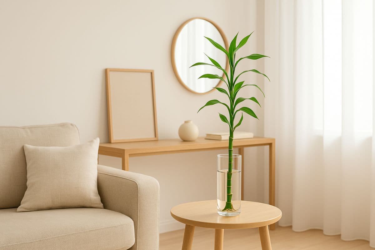 Bambu da sorte em vaso de vidro sobre mesa em sala clara e minimalista com decoração feng shui.