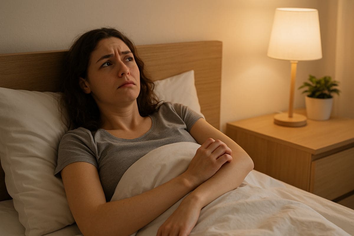 Mulher deitada na cama com expressão de incômodo, coçando o braço, em um quarto iluminado suavemente. A cena transmite a frustração silenciosa de quem tenta dormir, mas é interrompida por pernilongos — um problema comum, prestes a ser resolvido de forma natural.
