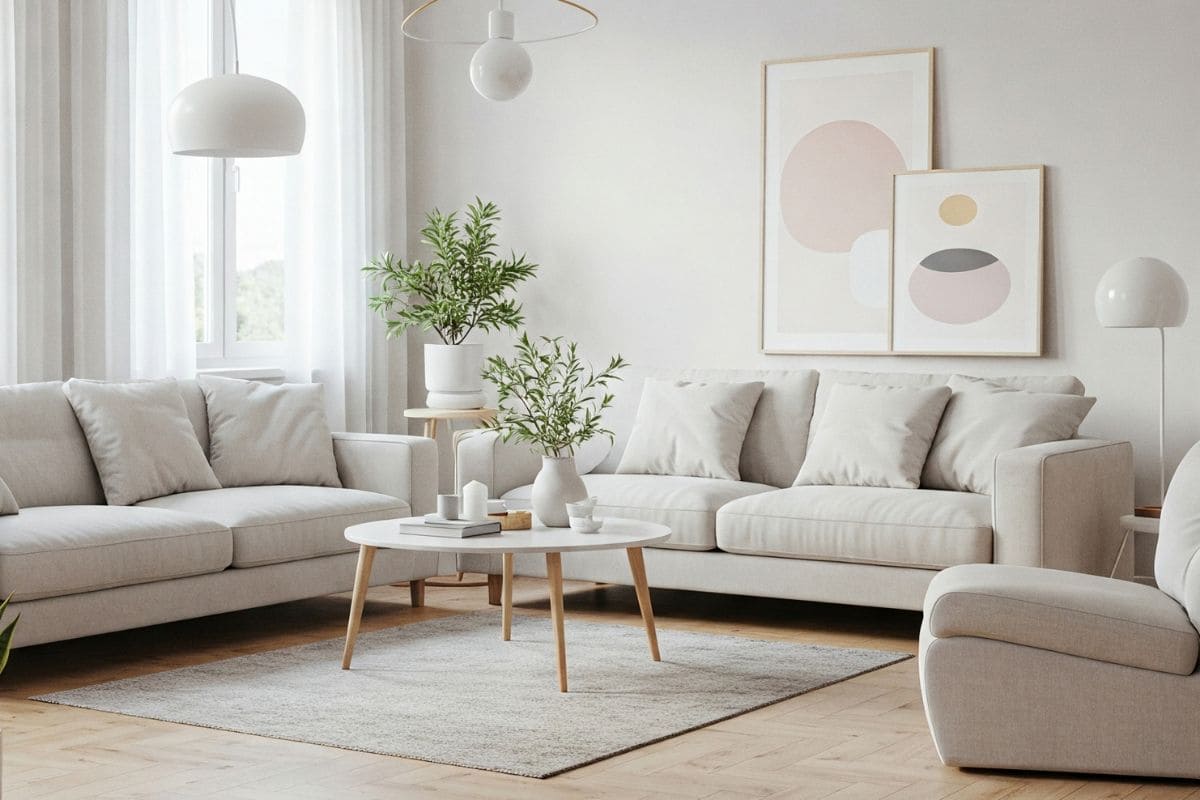 Sala de estar elegante com luz natural abundante, decoração suave e plantas genéricas ao fundo, transmitindo equilíbrio e serenidade — o ambiente ideal para descobrir onde posicionar a planta certa e atrair boas energias.