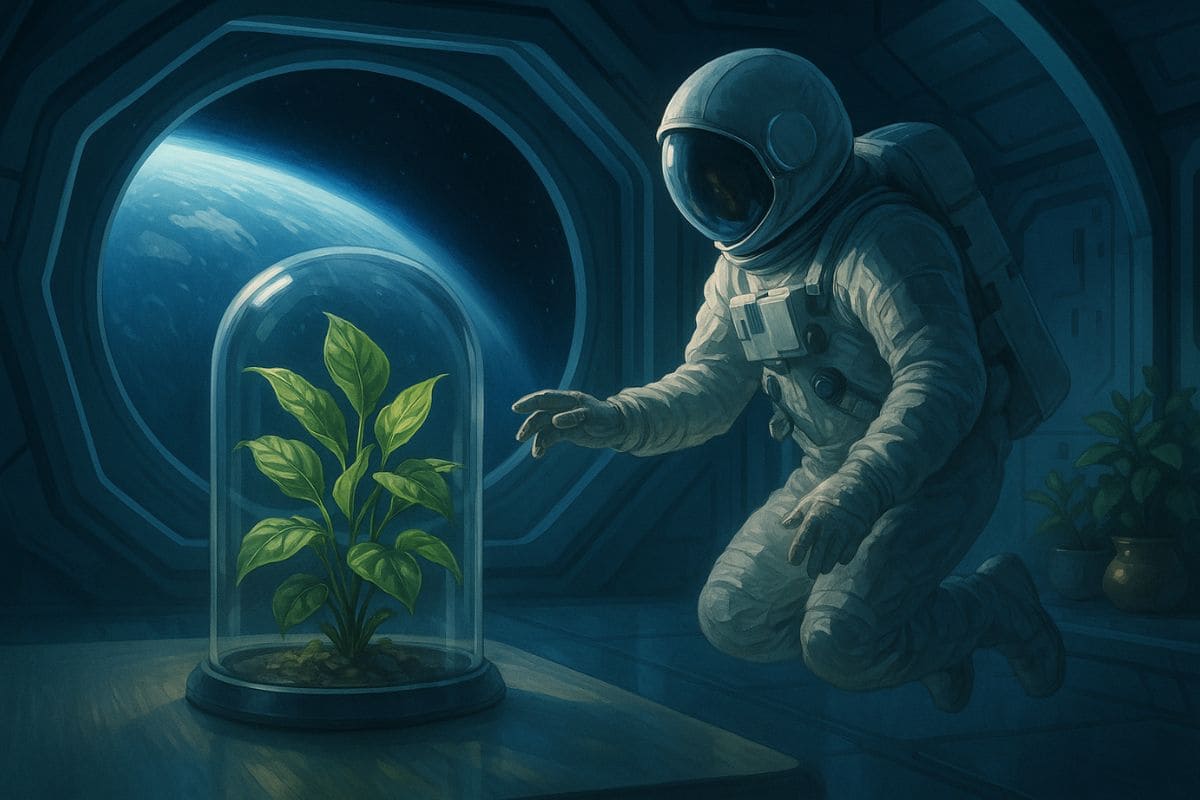 Astronauta flutua em estação espacial enquanto observa uma planta verde protegida por redoma de vidro, simbolizando estudos da NASA sobre purificação do ar.