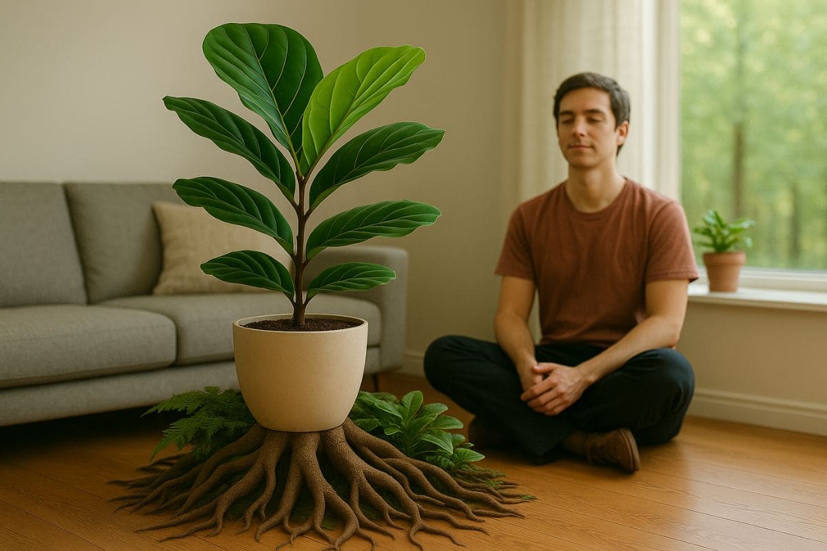 Homem medita ao lado de uma planta em vaso com raízes visíveis e fortes, simbolizando resistência e conexão com a natureza.