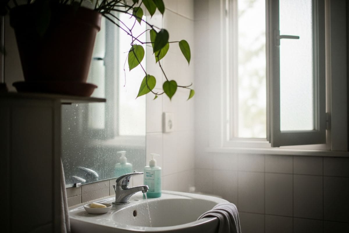 Banheiro com luz suave entrando pela janela, vapor visível no ar e folhas de planta pendente próximas ao espelho embaçado. Cena transmite sensação de frescor, umidade natural e purificação do ambiente.