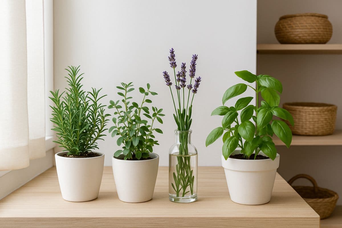 Alecrim, arruda, lavanda e manjericão em vasos brancos sobre peitoril de janela com luz natural.