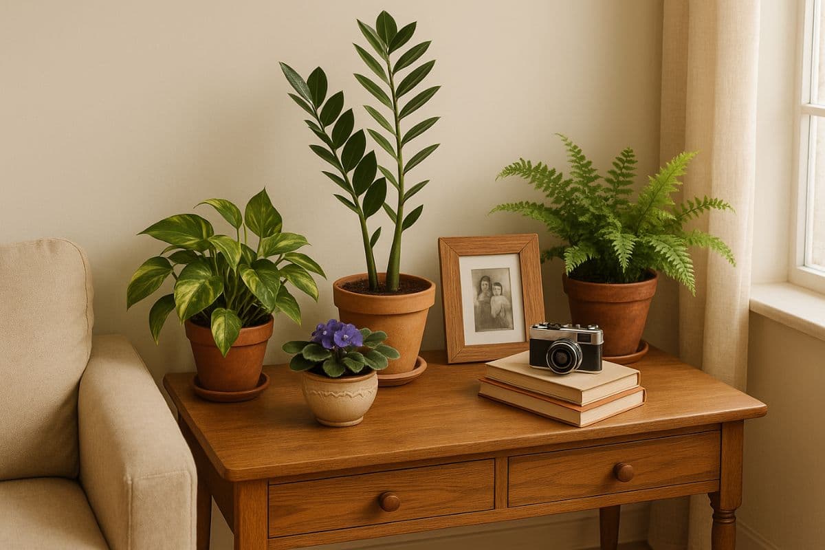 Ambiente interno aconchegante e bem iluminado, com luz natural entrando por uma janela. A cena mostra uma sala ou cantinho da casa com plantas integradas à decoração afetiva: vasos sobre móveis antigos ou prateleiras com objetos sentimentais, como porta-retratos, livros marcados e lembranças de viagem.