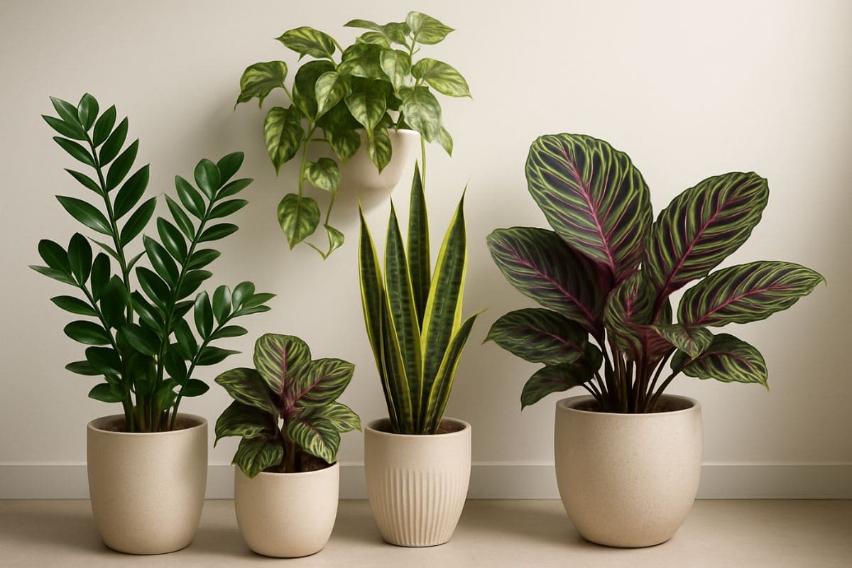 Cinco plantas resistentes para ambientes sem luz natural: zamioculca, pothos, espada-de-são-jorge, calathea e samambaia, exibindo folhagens vibrantes em vasos decorativos claros, ideais para apartamentos sem janela.