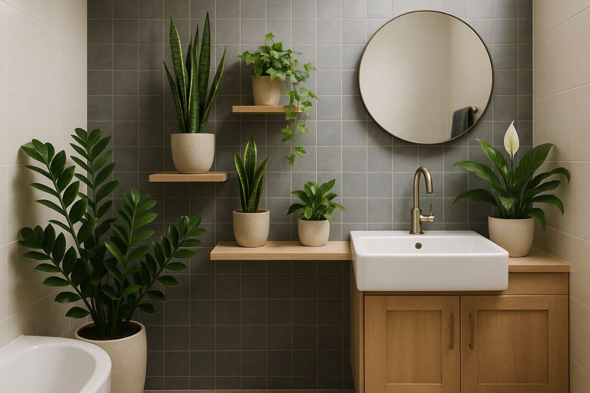 Banheiro com revestimento claro decorado com plantas como zamioculca, espada-de-são-jorge e lírio-da-paz ao lado da pia e em prateleiras, iluminado por luz natural.