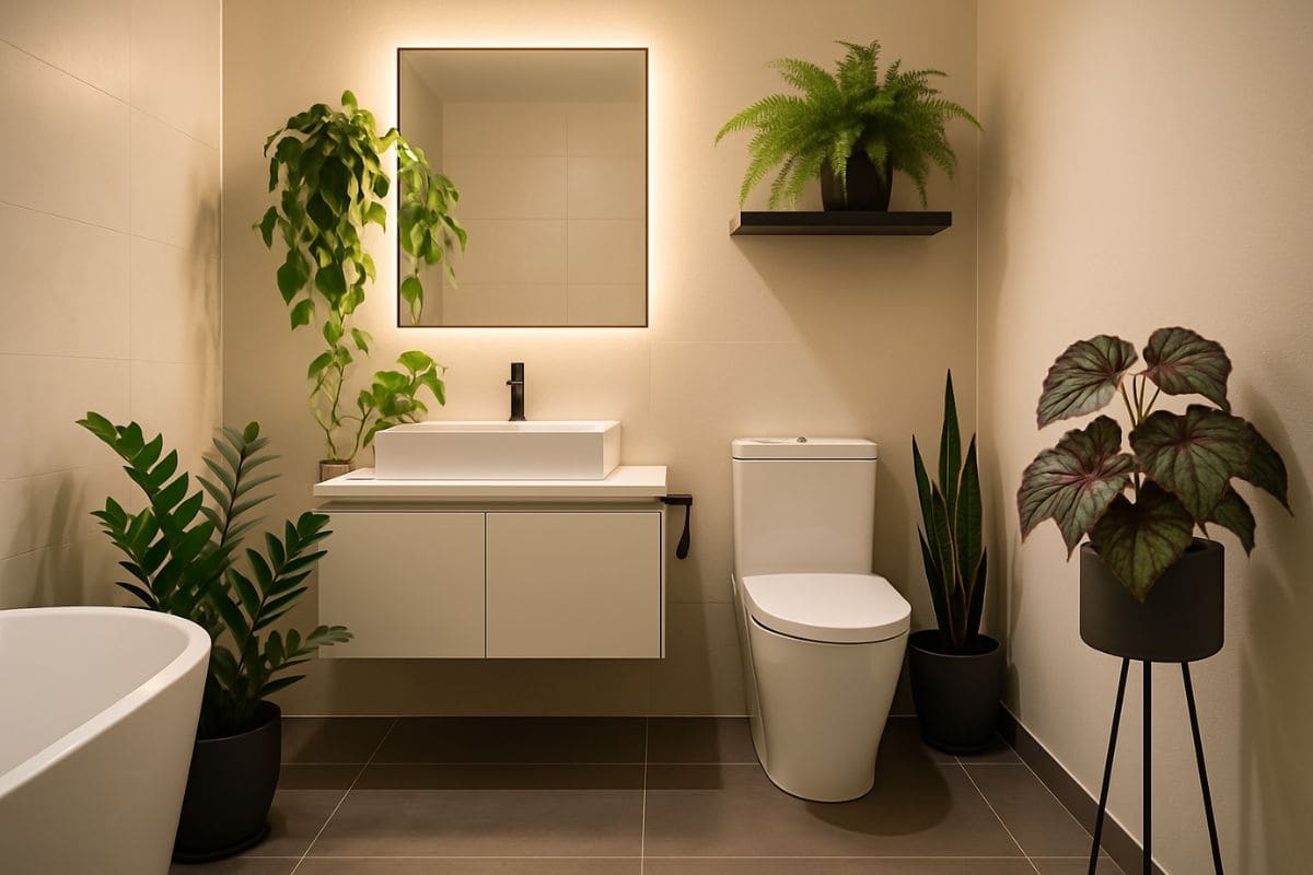 Banheiro moderno sem janela decorado com cinco plantas resistentes à baixa luminosidade: pothos pendente, samambaia, espada-de-são-jorge, begônia e zamioculca distribuídas estrategicamente em vasos elegantes, criando um ambiente fresco e acolhedor com iluminação cálida.