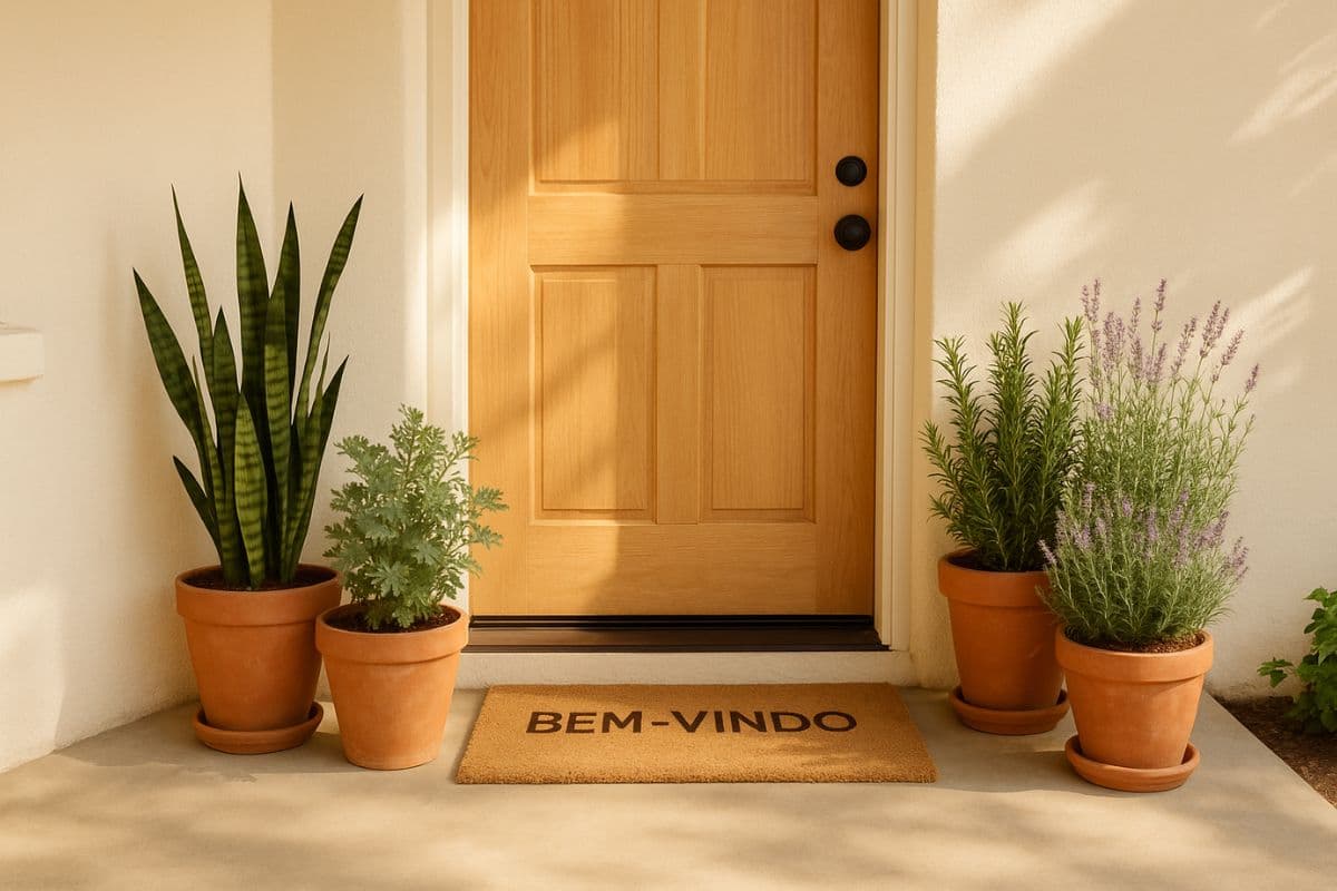 Vasos com espada-de-são-jorge, arruda, alecrim e lavanda ao lado de uma porta clara com tapete “BEM-VINDO”, simbolizando proteção e boas-vindas na entrada da casa.
