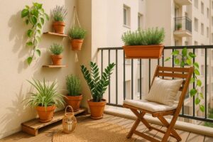 Varanda pequena com plantas em vasos e floreiras, cadeira de madeira com almofada e luz natural, transmitindo frescor e aconchego.