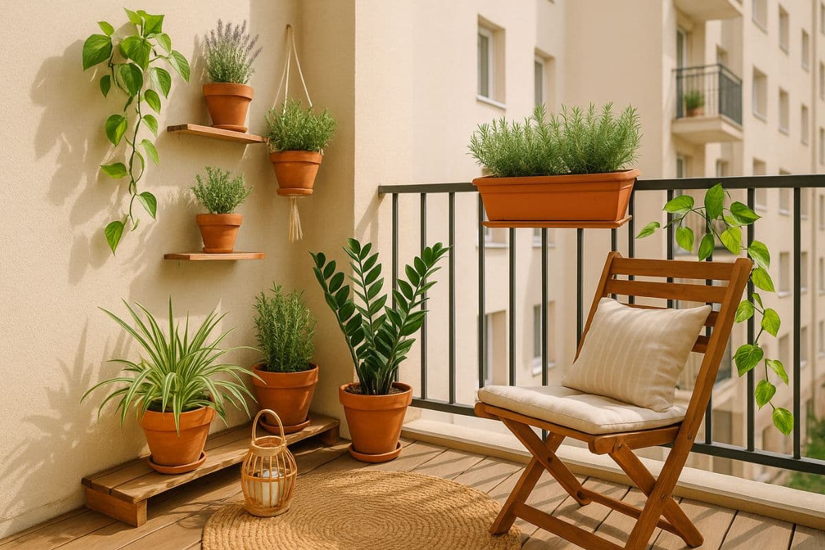 Varanda pequena com plantas em vasos e floreiras, cadeira de madeira com almofada e luz natural, transmitindo frescor e aconchego.