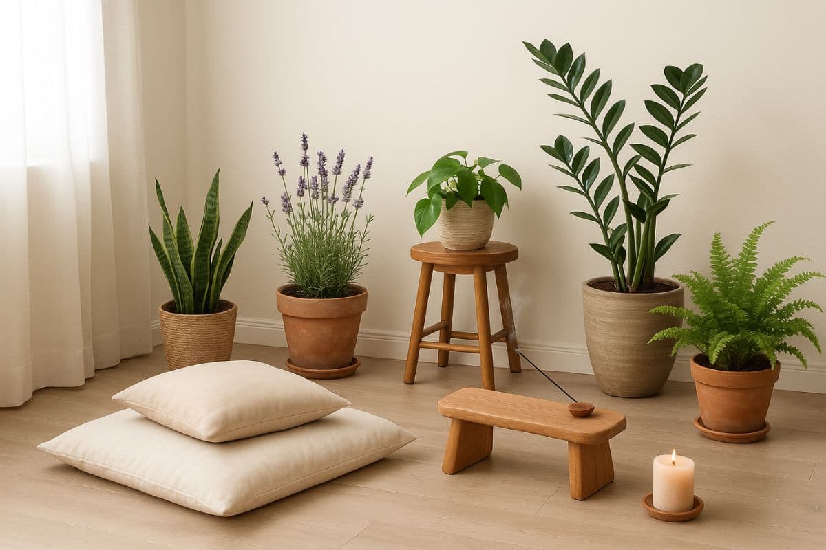 Cantinho zen com almofadas, banco de madeira e plantas como lavanda, espada-de-são-jorge e samambaia, iluminado por luz natural