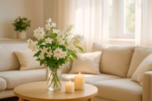 Vaso com flores de jasmim branco e velas acesas em uma sala clara e aconchegante Se quiser, posso adaptar para outros estilos também (mais poético, mais descritivo, mais técnico).