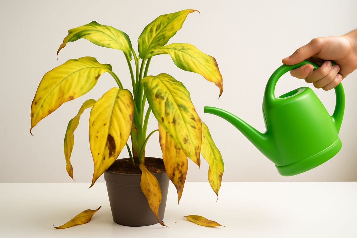 Planta com folhas amareladas e manchadas exibindo sinais claros de doença, com folhas caídas ao redor do vaso e uma mão segurando um regador verde, simbolizando a solução urgente e esperança de recuperação.