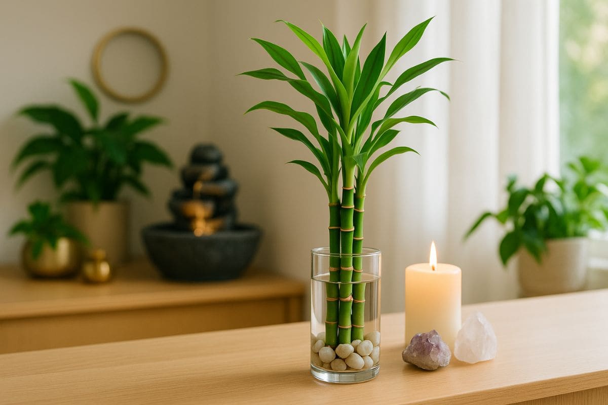 Bambu da sorte sobre aparador com vela e cristais em ambiente Feng Shui iluminado.