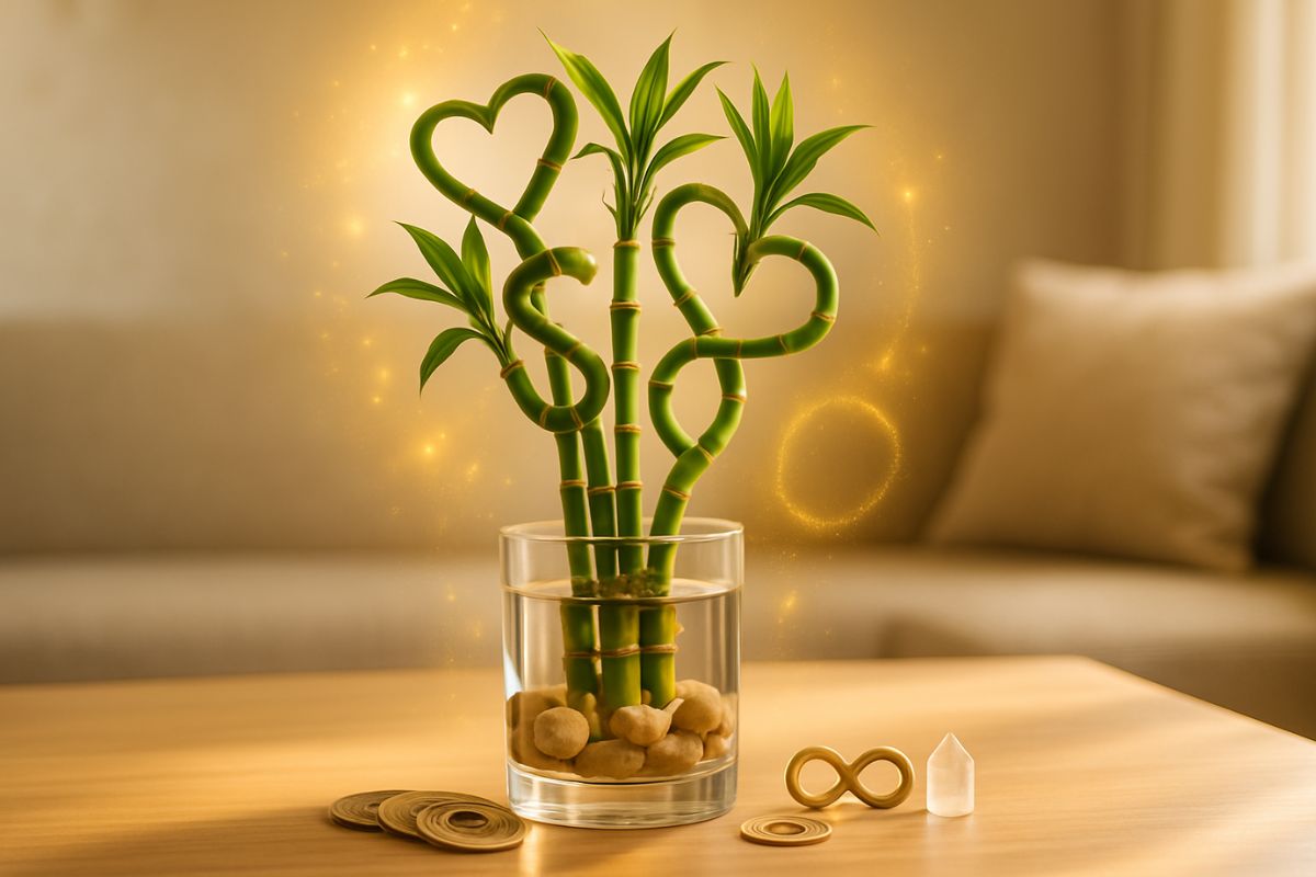 Bambu da sorte com hastes moldadas em formato de coração e espirais, emanando aura dourada em ambiente de sala, com símbolos de abundância como moedas, cristal e infinito representando seus significados no Feng Shui.