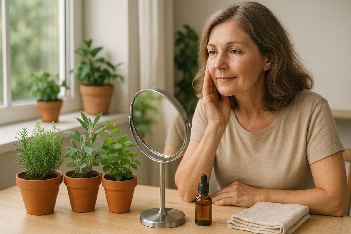 Ervas frescas em vasos perto da janela com itens de autocuidado ao lado, em clima de beleza natural.