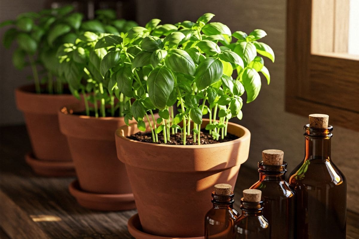 Vasos de manjericão vibrante ao lado de frascos âmbar sobre uma bancada de madeira aquecida pela luz do sol — um cenário que mistura cuidado natural, bem-estar emocional e o poder silencioso das ervas no dia a dia.