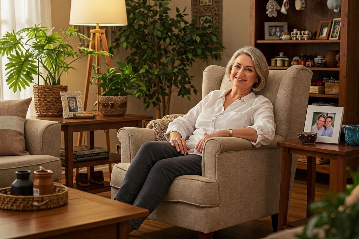 Mulher madura sentada com leve sorriso em sala aconchegante, cercada por plantas, objetos afetivos e luz suave. A imagem transmite pertencimento, memória e harmonia em um lar com identidade.