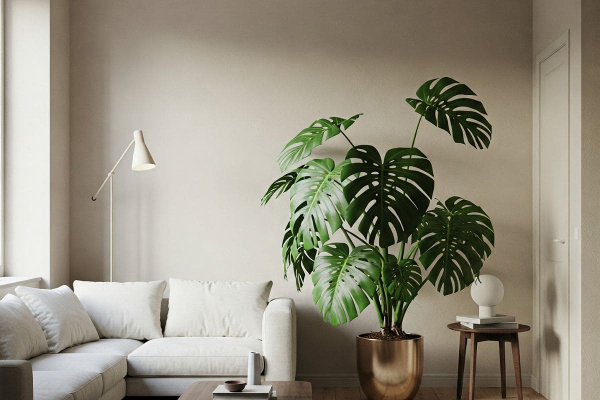 Sala iluminada e minimalista com uma costela-de-adão em destaque. A planta preenche o espaço com leveza e presença, transmitindo a ideia de que um toque natural é suficiente para transformar a energia da casa.