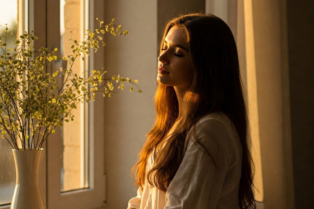 Mulher sentada à janela ao pôr do sol, envolvida por luz dourada suave. Com olhos fechados e expressão tranquila, ela respira em silêncio. Ao lado, um vaso com folhagem delicada completa a cena de introspecção, sem revelar claramente qual planta transforma esse momento.