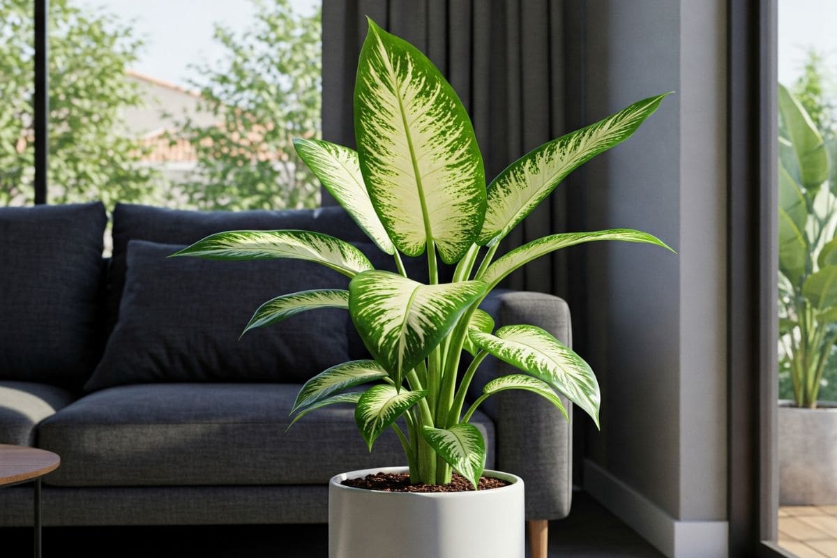 Planta comigo-ninguém-pode em destaque em uma sala moderna com luz natural suave. A imagem transmite força simbólica, elegância e a ideia de que até as plantas mais polêmicas podem se tornar elementos de proteção e estilo no lar.