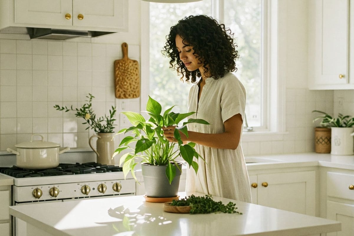 Mulher cuidando de planta em uma cozinha iluminada por luz natural suave. A imagem transmite leveza, conexão com o lar e bem-estar cotidiano — reforçando como um gesto simples pode transformar a rotina.