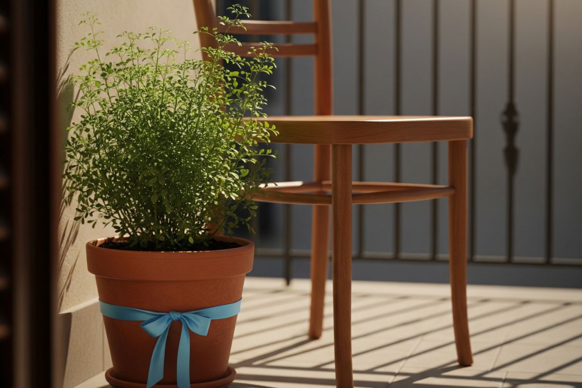 Varanda ensolarada com vaso de arruda ao lado de uma cadeira vazia, fita azul presa discretamente no vaso — sensação de calma e defesa invisível
