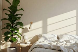 Quarto minimalista com luz suave da tarde e uma planta ao lado da cama. A imagem transmite leveza, presença e calma — revelando como um simples toque verde pode transformar o ambiente em um espaço de bem-estar e conexão.