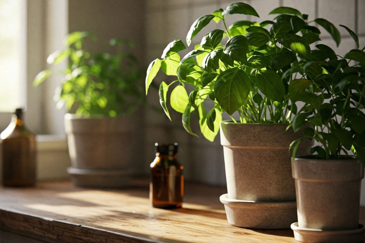 Luz suave atravessa a janela e ilumina uma bancada de madeira rústica com vasos de plantas verdes e pequenas garrafas âmbar ao lado. A atmosfera é acolhedora, com cheiro de memória no ar — uma mistura de calma, natureza e nostalgia viva.