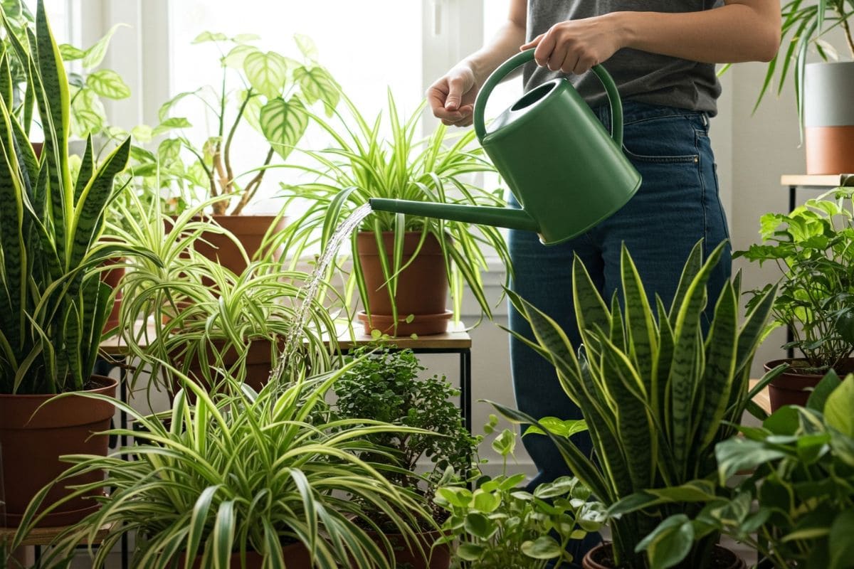 Mulher regando suas plantas em um ambiente interno iluminado, cercada por vasos verdes e saudáveis — momento de cuidado silencioso que transforma a rotina com leveza e presença.