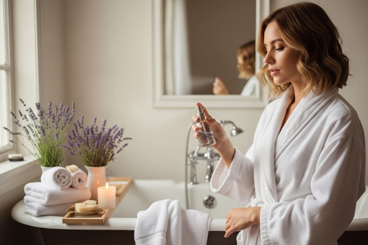 Mulher em roupão branco inicia um ritual calmante no banheiro, segurando um frasco com infusão de lavanda ao lado de uma banheira com velas, toalhas e vasos de lavanda. Cena transmite bem-estar, autocuidado e atmosfera relaxante.