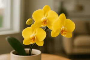 A flor está em destaque em um vaso de cerâmica claro, sobre uma superfície neutra, com fundo desfocado que remete a um ambiente interno harmonioso e iluminado por luz natural. A imagem transmite leveza, positividade e conexão espiritual — perfeita para conteúdos sobre o significado das flores e decoração energética.