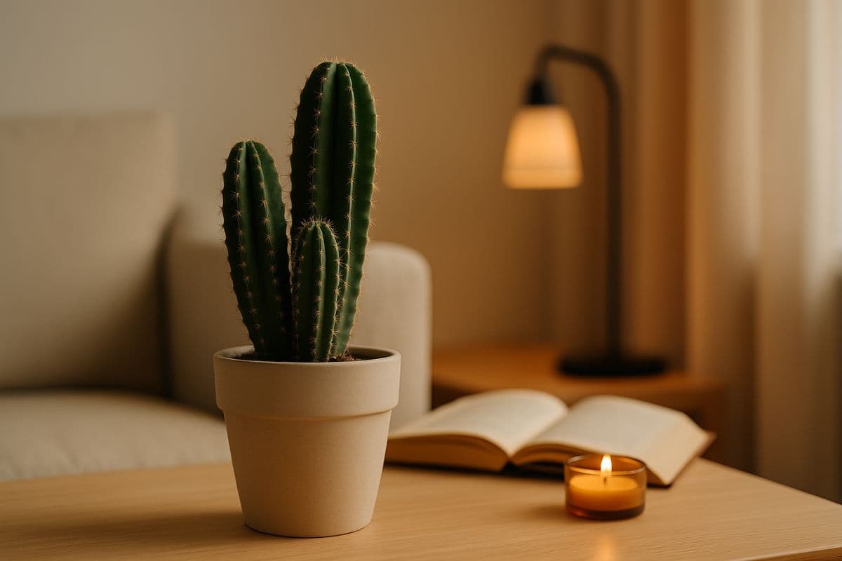 Cactos para quem vive sozinho em ambiente acolhedor com vela e livro
