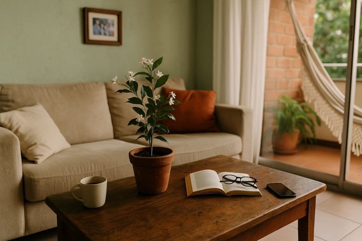 Cantinho de sala brasileira com jasmim em vaso de barro sobre mesa de madeira usada, xícara de café, livro aberto e óculos, ao lado de sofá com almofadas e rede na varanda, transmitindo energia de paz e autenticidade.