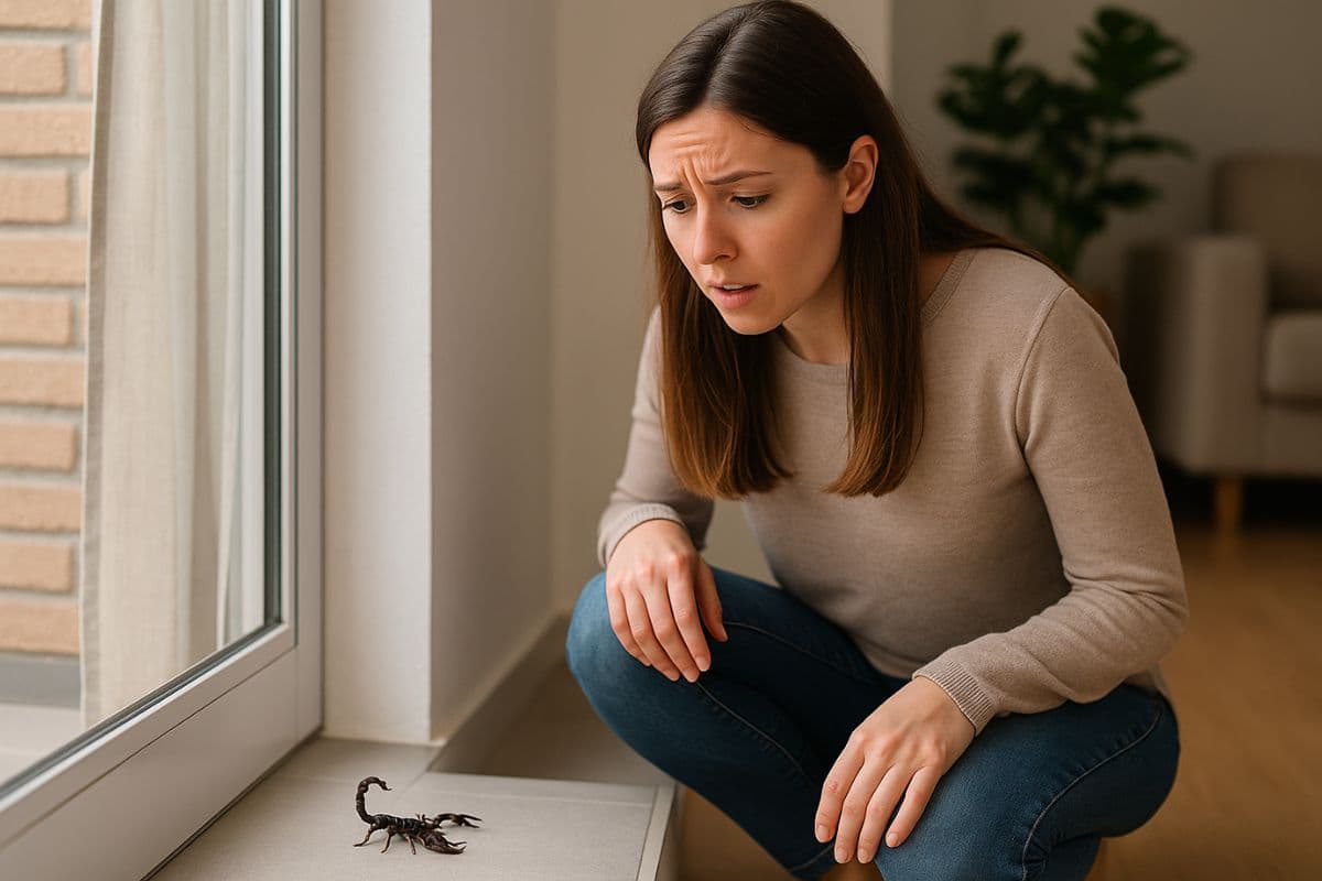 Mulher agachada em um ambiente interno olhando com surpresa para um escorpião no chão próximo à porta de vidro. A imagem transmite alerta e preocupação com a presença do animal.