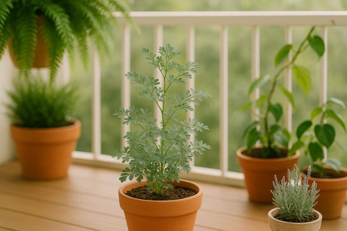 Arruda na varanda em vaso simples, cercada por lavanda, samambaia e jiboia, em cenário iluminado e acolhedor.