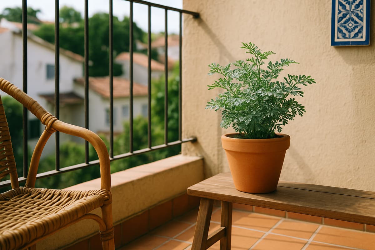 Varanda brasileira com vaso de arruda em cerâmica sobre banco de madeira, cadeira de vime, gradil preto e azulejo decorativo, transmitindo proteção e acolhimento.