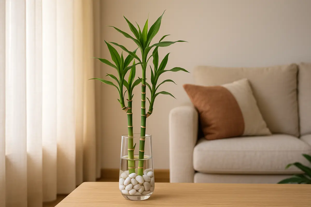 Vaso de vidro com bambu da sorte e pedrinhas brancas sobre mesa em sala iluminada, representando o Feng Shui para prosperidade.