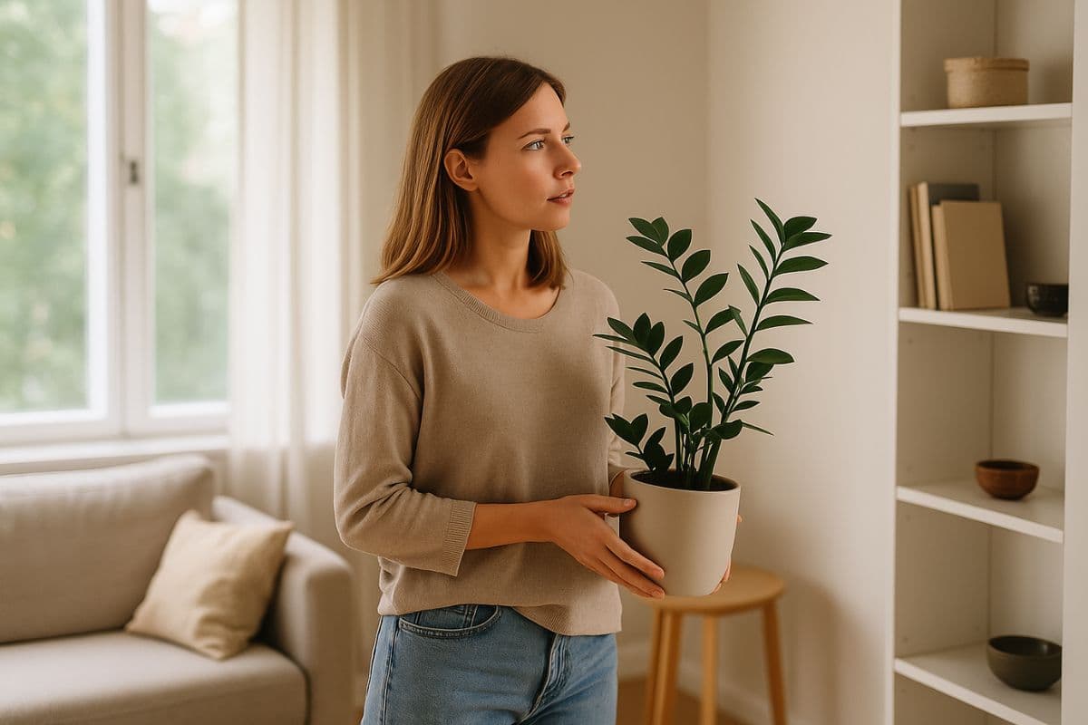 Mulher com planta na mão avaliando onde colocá-la na casa